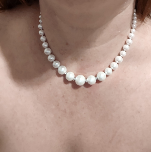 GENUINE 6-14MM WHITE SEA SHELL ROUND PEARL BEADS NECKLACE JEWELRY 17" CHOKER - Picture 2 of 7